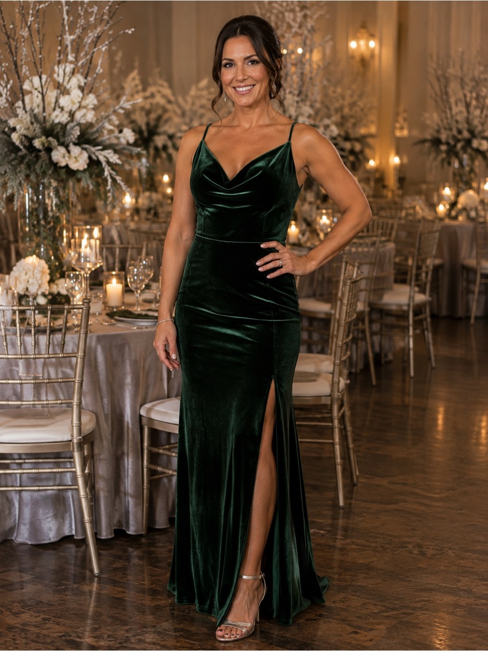 Elegant Emerald Green Velvet Maxi Dress with Side Slit